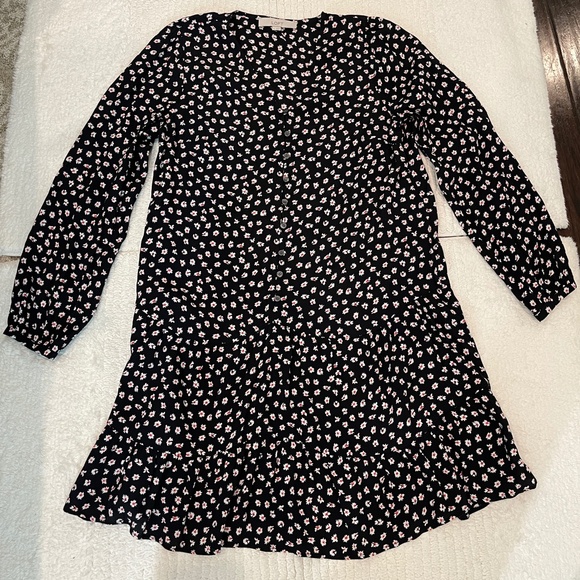 Loft Floral Dress Women's M Long Sleeve V Neck Button Front Drop Waist Casual - Picture 9 of 12